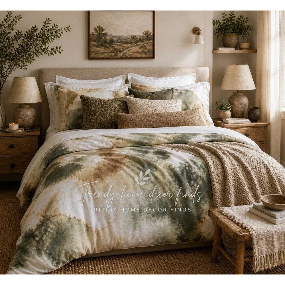 Queen Heavyweight Linen Blend Duvet Cover and Sham Set Washed Watercolor Print